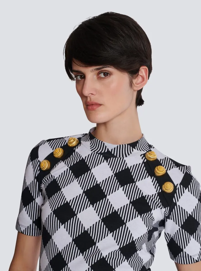 Balmain Gingham Button Tshirt Black Women TShirts