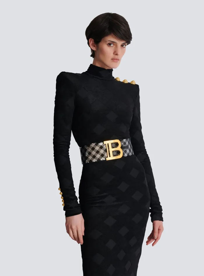 Balmain Gingham Embroidered BBelt Black Women Belts