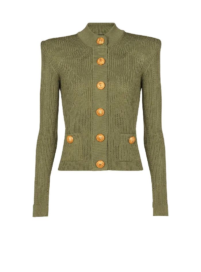 Balmain Gingham Openwork Knit Cardigan Green Women Knitwear