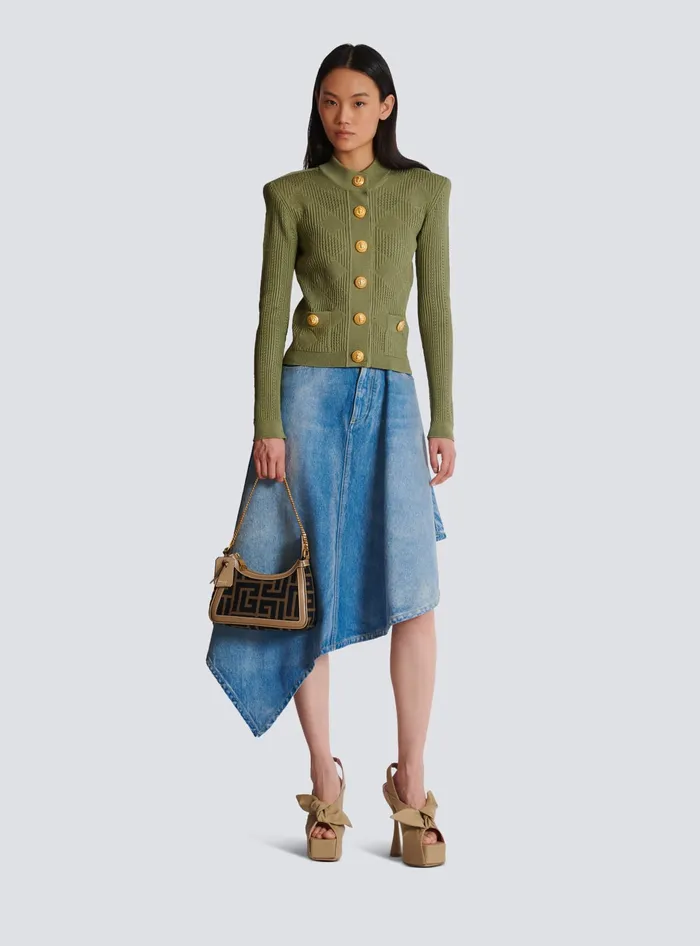 Balmain Gingham Openwork Knit Cardigan Green Women Knitwear