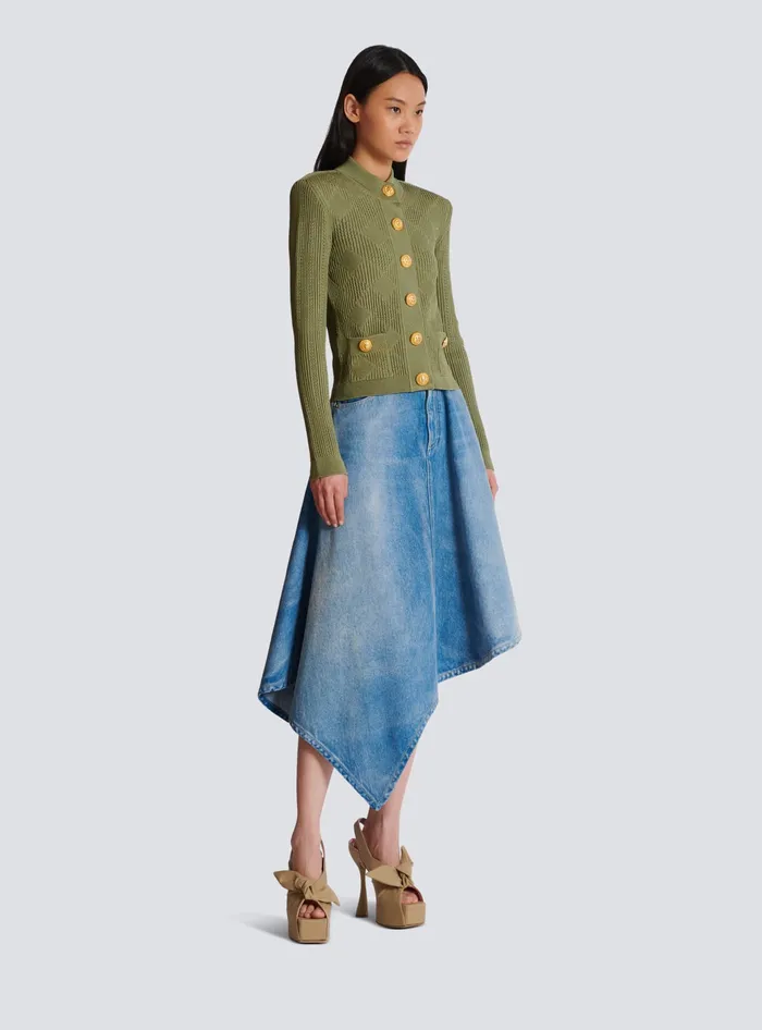 Balmain Gingham Openwork Knit Cardigan Green Women Knitwear