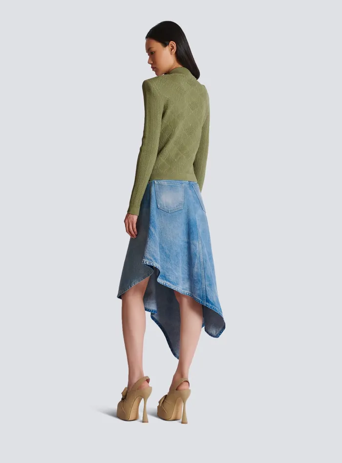 Balmain Gingham Openwork Knit Cardigan Green Women Knitwear