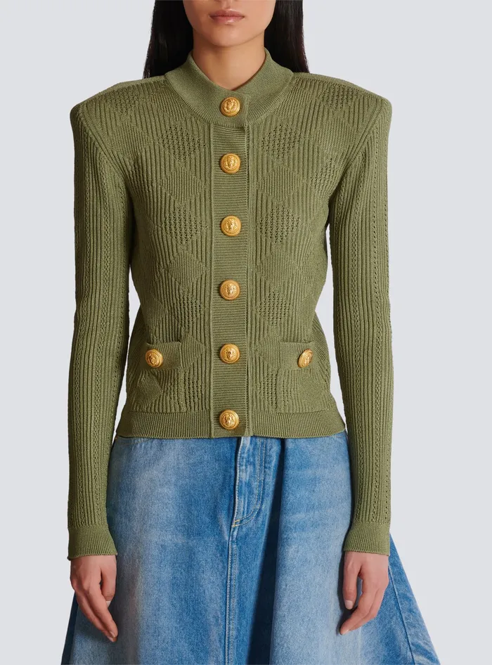 Balmain Gingham Openwork Knit Cardigan Green Women Knitwear