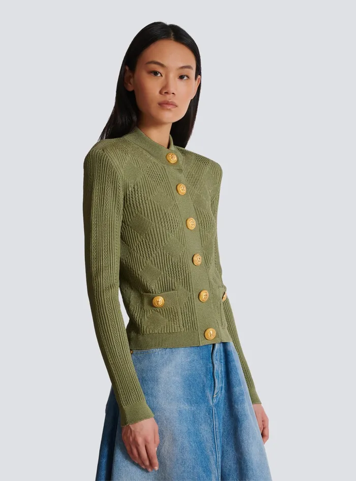 Balmain Gingham Openwork Knit Cardigan Green Women Knitwear