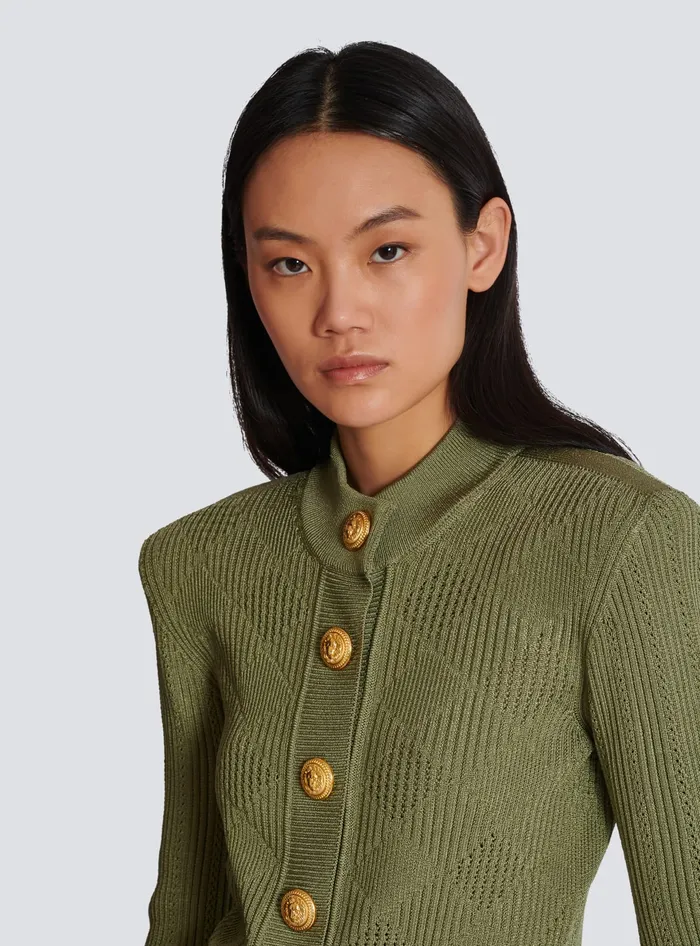 Balmain Gingham Openwork Knit Cardigan Green Women Knitwear