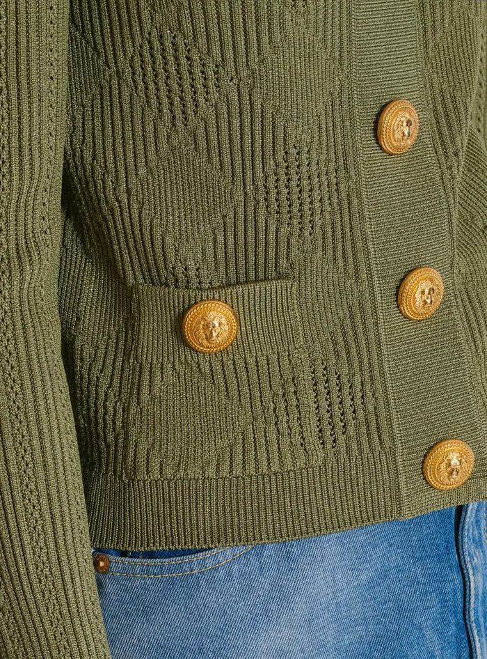 Balmain Gingham Openwork Knit Cardigan Green Women Knitwear