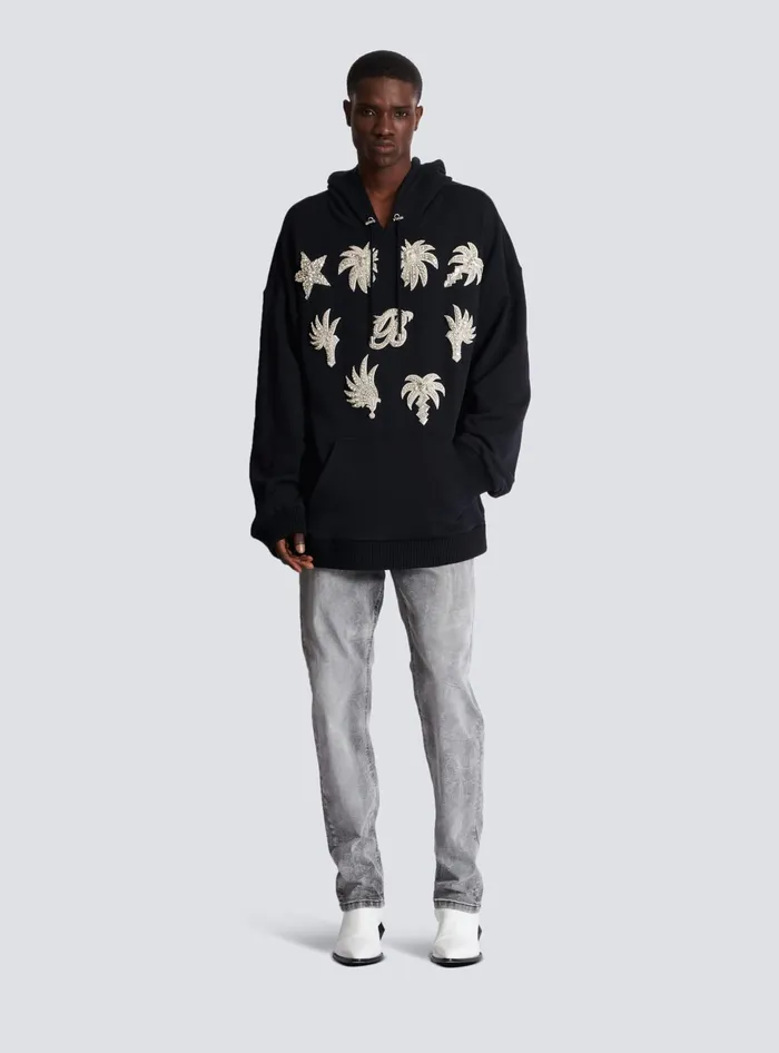 Balmain Hoodie With Embroidered Badges Black Men Sweatshirts