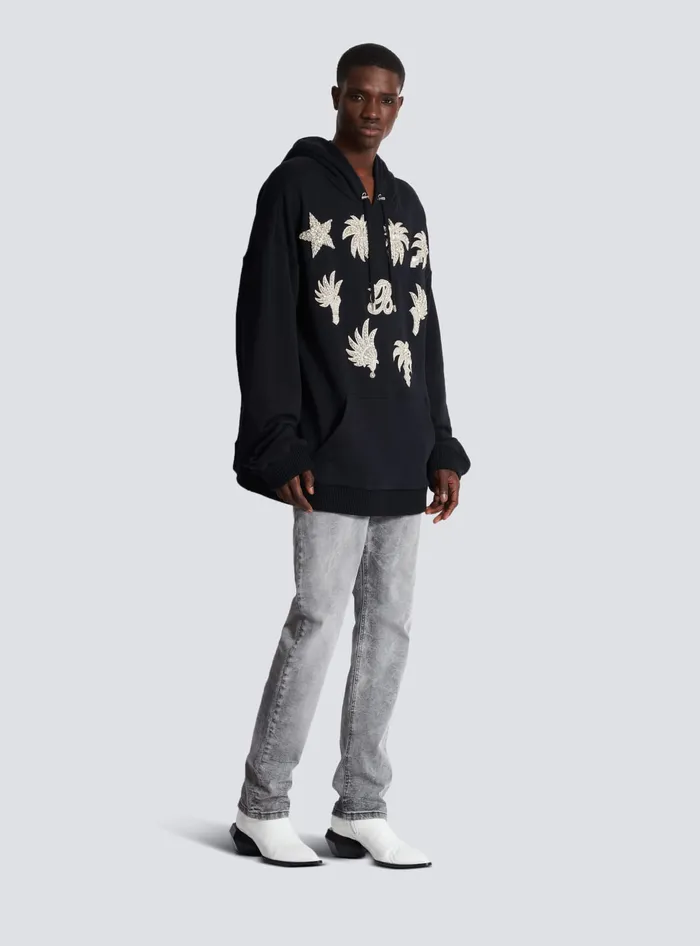 Balmain Hoodie With Embroidered Badges Black Men Sweatshirts