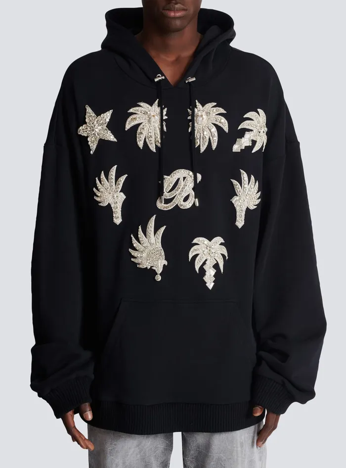Balmain Hoodie With Embroidered Badges Black Men Sweatshirts