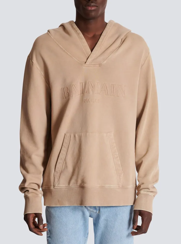 Balmain Hoodie With Vintage Embroidery Beige Men Sweatshirts