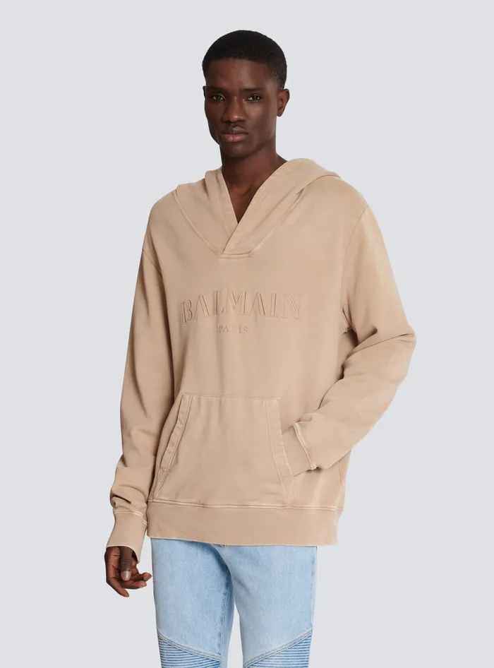 Balmain Hoodie With Vintage Embroidery Beige Men Sweatshirts