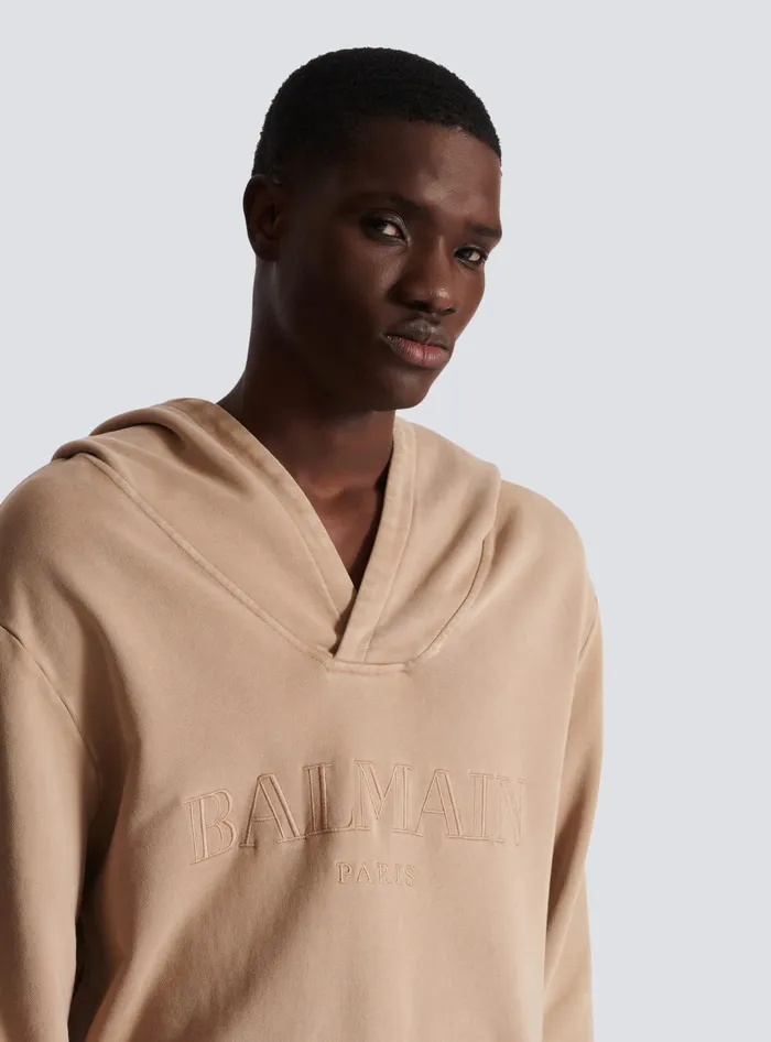 Balmain Hoodie With Vintage Embroidery Beige Men Sweatshirts