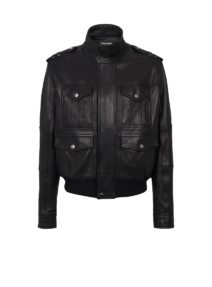 Balmain Lambskin Leather Jacket With 4 Pockets Black Men Outerwear