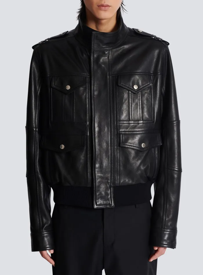 Balmain Lambskin Leather Jacket With 4 Pockets Black Men Outerwear