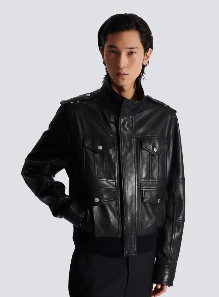 Balmain Lambskin Leather Jacket With 4 Pockets Black Men Outerwear