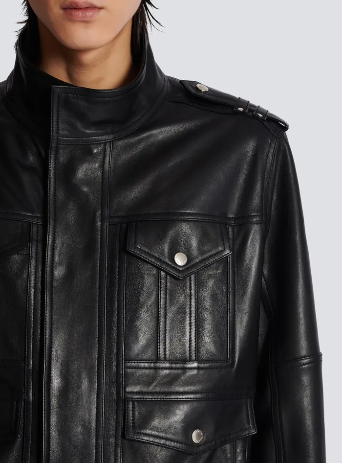 Balmain Lambskin Leather Jacket With 4 Pockets Black Men Outerwear