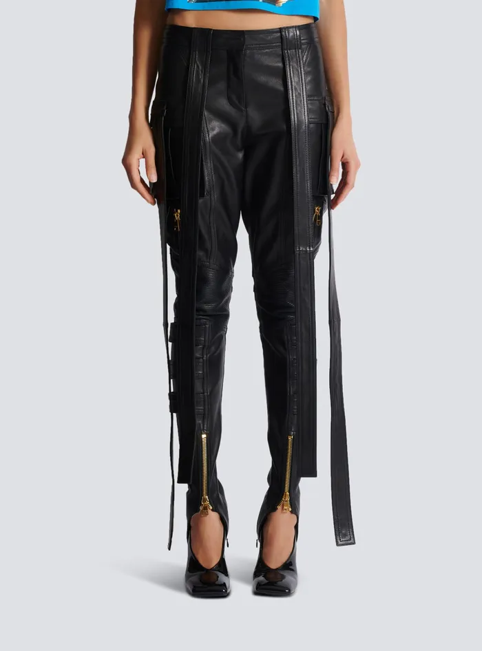 Balmain Leather Cargo Trousers With Straps Black Women Trousers And Shorts