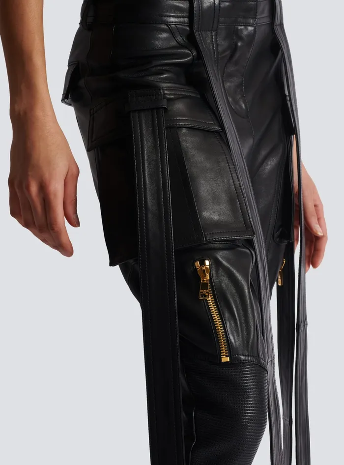 Balmain Leather Cargo Trousers With Straps Black Women Trousers And Shorts