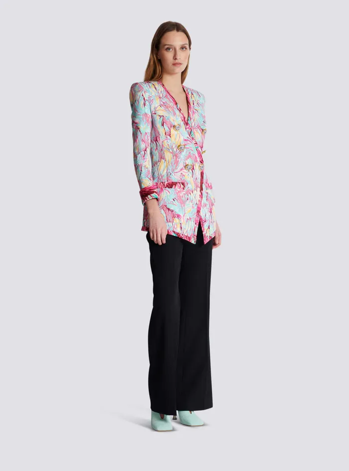 Balmain Long 6button Jacket With Feather Print Multicolor Women Jackets And Blazers