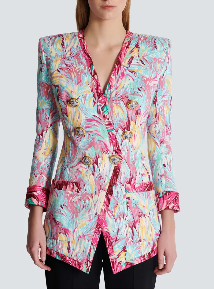 Balmain Long 6button Jacket With Feather Print Multicolor Women Jackets And Blazers