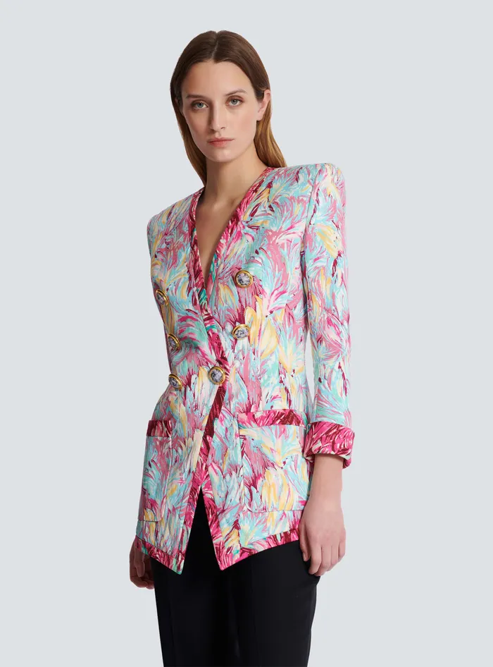 Balmain Long 6button Jacket With Feather Print Multicolor Women Jackets And Blazers