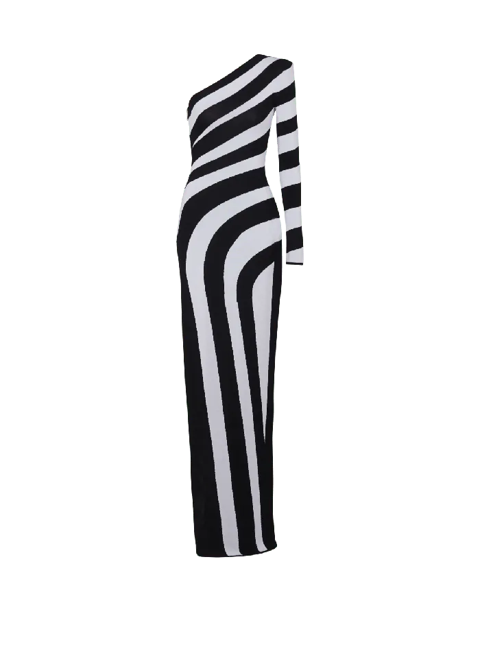 Balmain Long Asymmetrical Striped Knit Dress Black Women Dresses