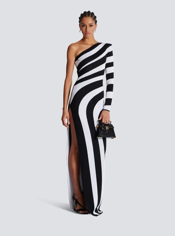 Balmain Long Asymmetrical Striped Knit Dress Black Women Dresses