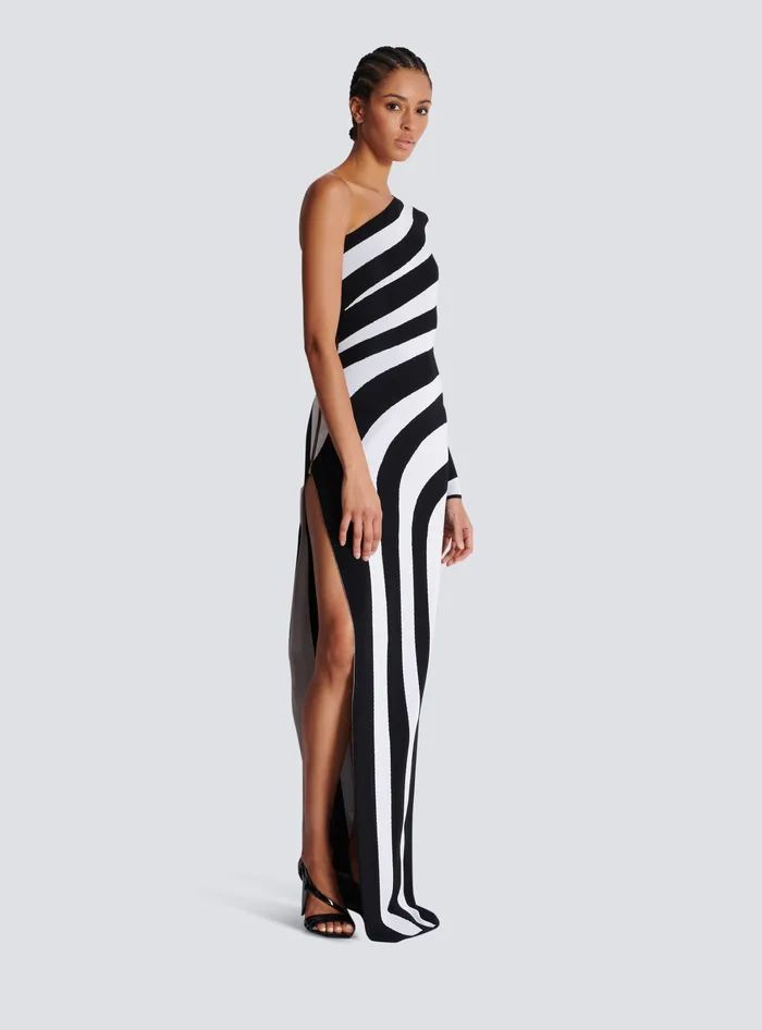 Balmain Long Asymmetrical Striped Knit Dress Black Women Dresses