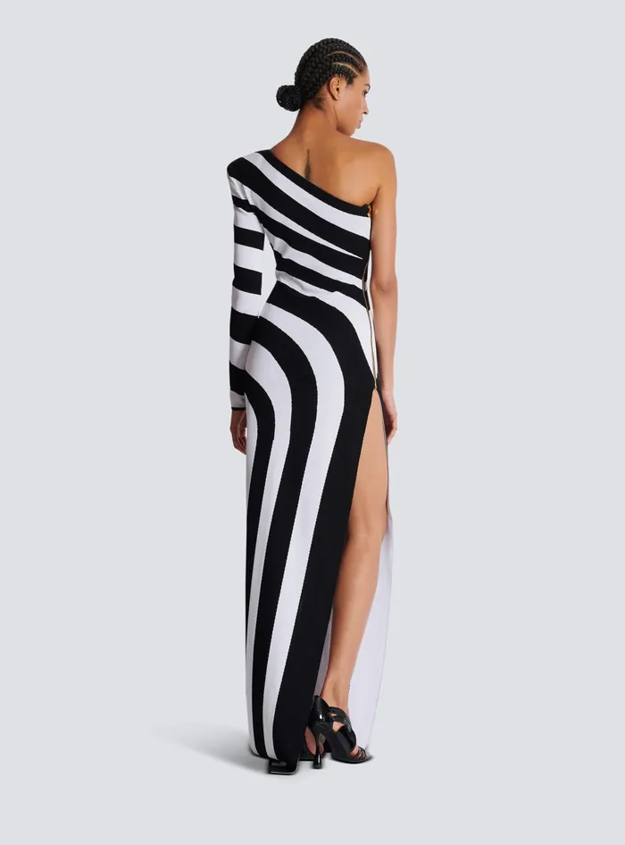Balmain Long Asymmetrical Striped Knit Dress Black Women Dresses
