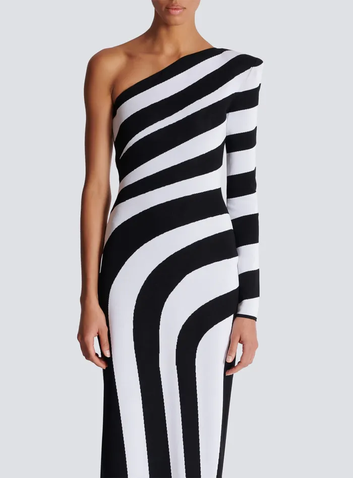 Balmain Long Asymmetrical Striped Knit Dress Black Women Dresses