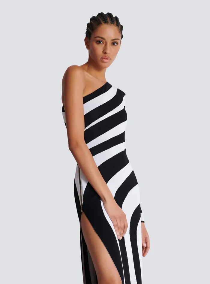 Balmain Long Asymmetrical Striped Knit Dress Black Women Dresses