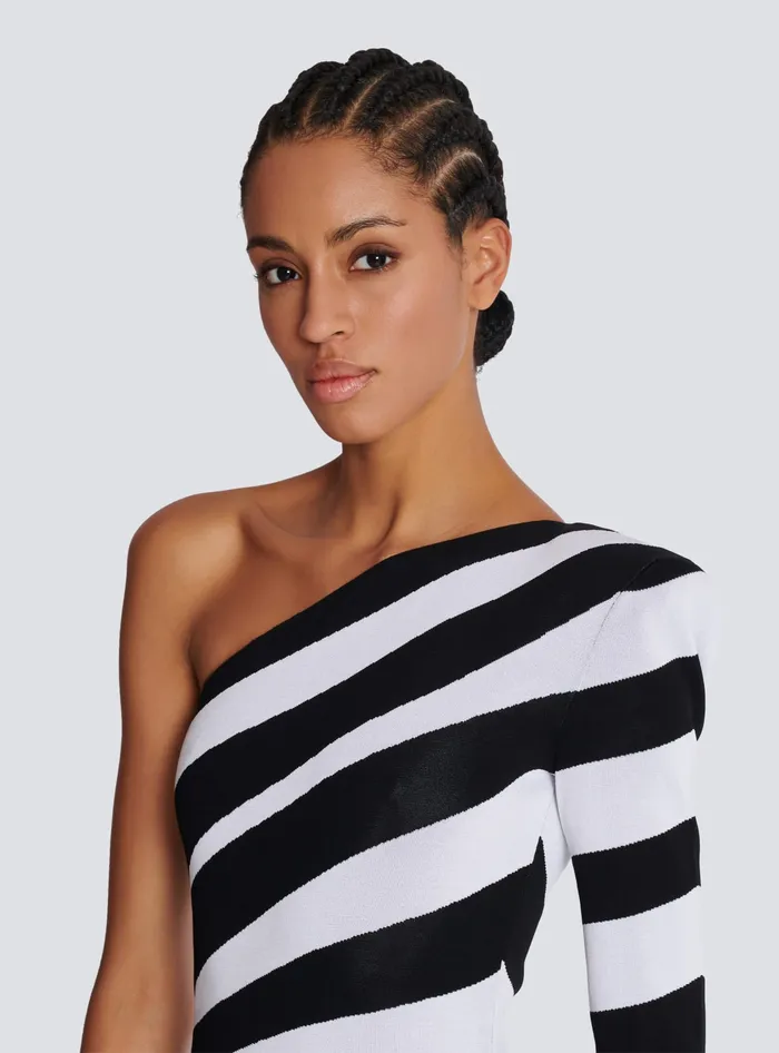 Balmain Long Asymmetrical Striped Knit Dress Black Women Dresses