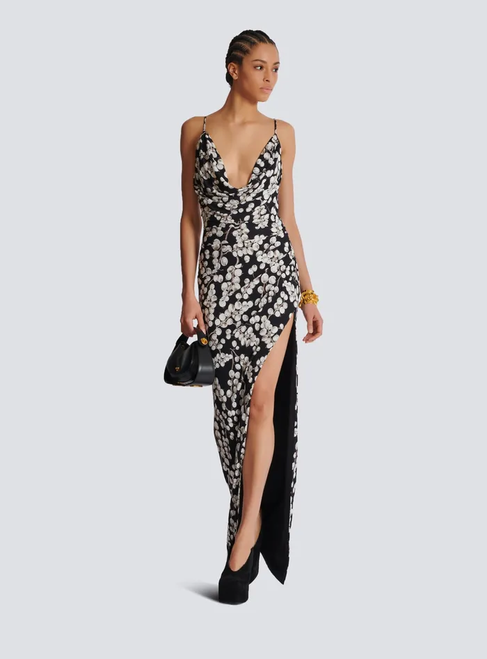 Balmain Long Dress With Redcurrant Print Black Women Dresses