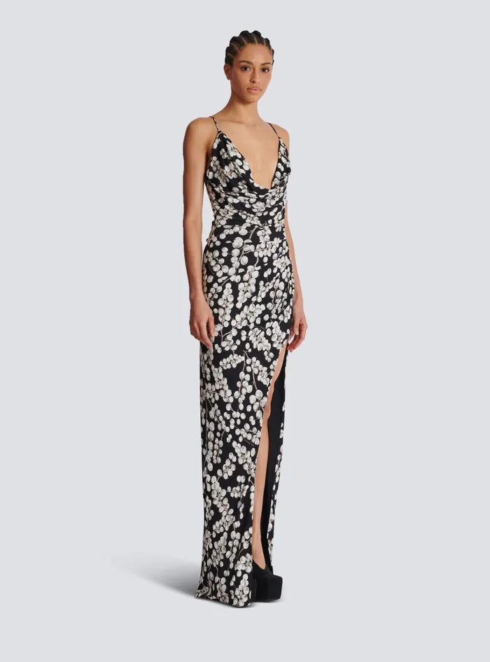Balmain Long Dress With Redcurrant Print Black Women Dresses