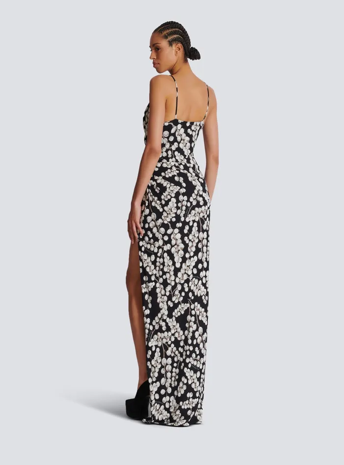 Balmain Long Dress With Redcurrant Print Black Women Dresses
