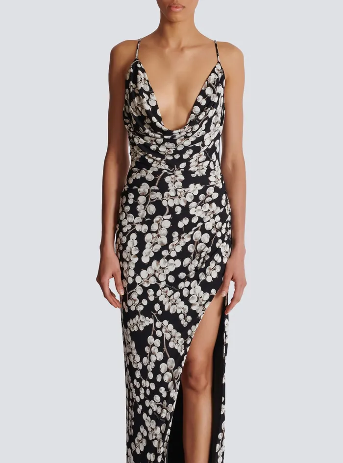 Balmain Long Dress With Redcurrant Print Black Women Dresses