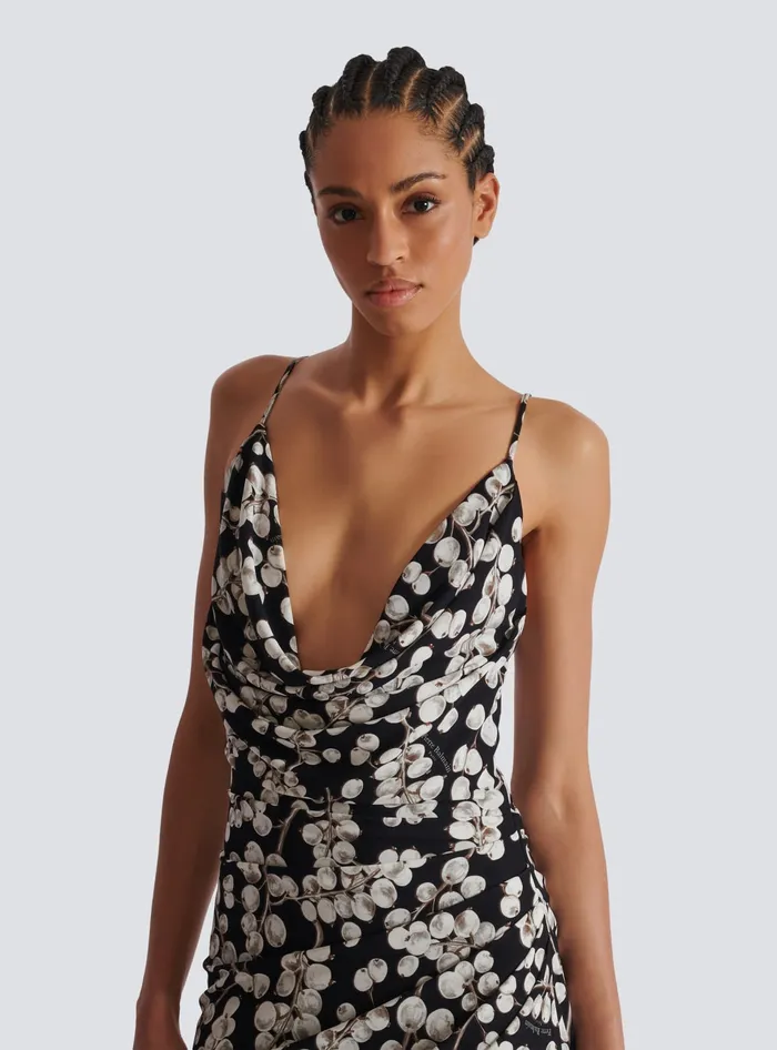 Balmain Long Dress With Redcurrant Print Black Women Dresses