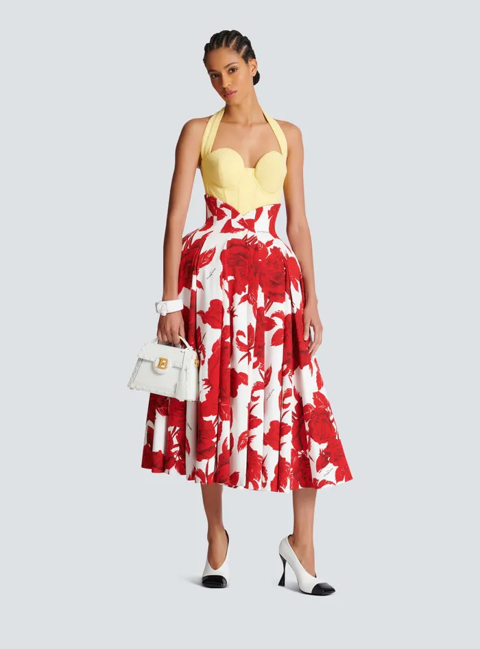 Balmain Long Pleated Crepe Tulip Skirt Red Women Skirts