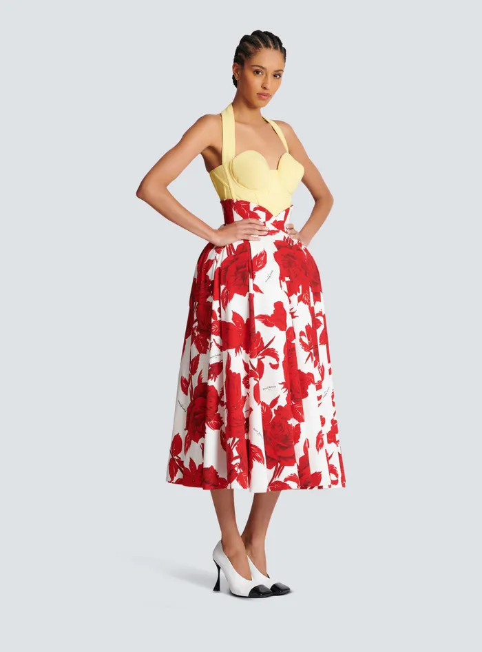 Balmain Long Pleated Crepe Tulip Skirt Red Women Skirts