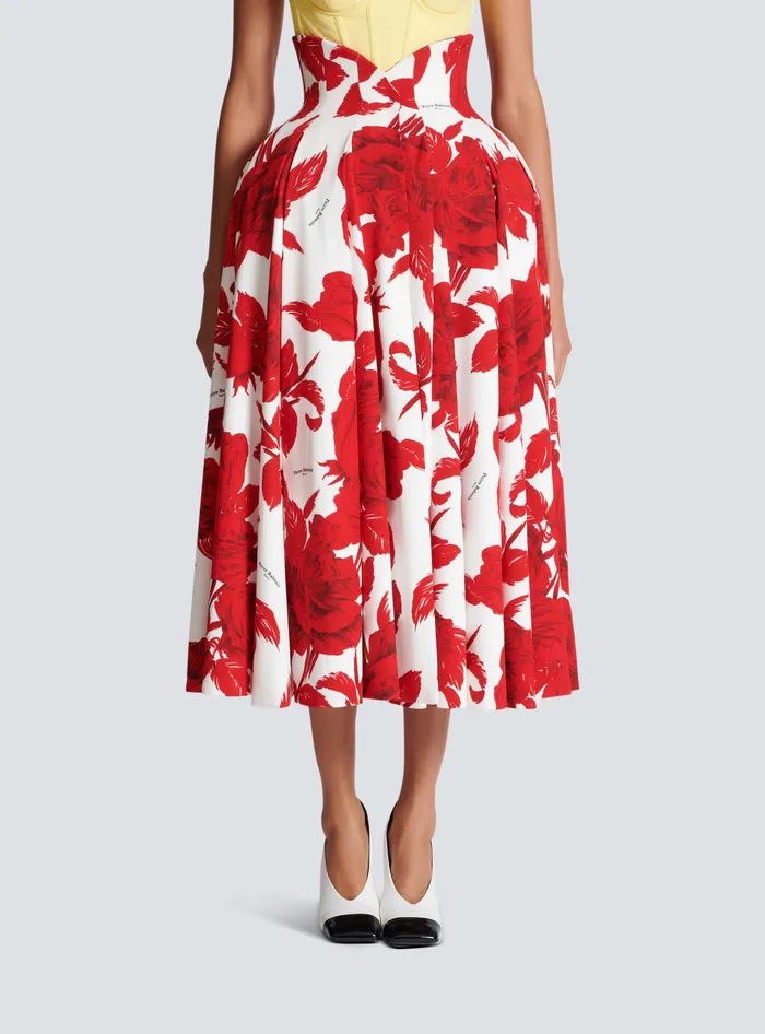 Balmain Long Pleated Crepe Tulip Skirt Red Women Skirts