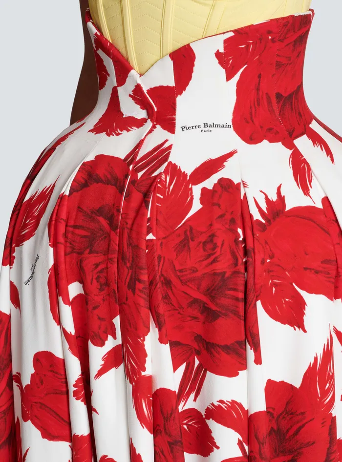 Balmain Long Pleated Crepe Tulip Skirt Red Women Skirts
