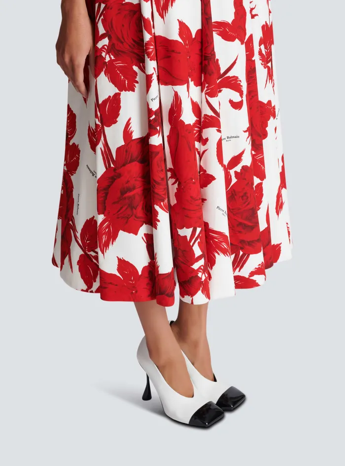 Balmain Long Pleated Crepe Tulip Skirt Red Women Skirts