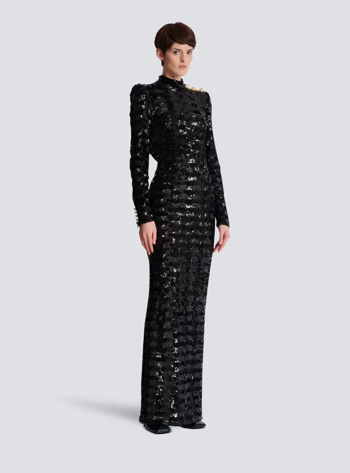 Balmain Long Sequin Dress Black Women Dresses