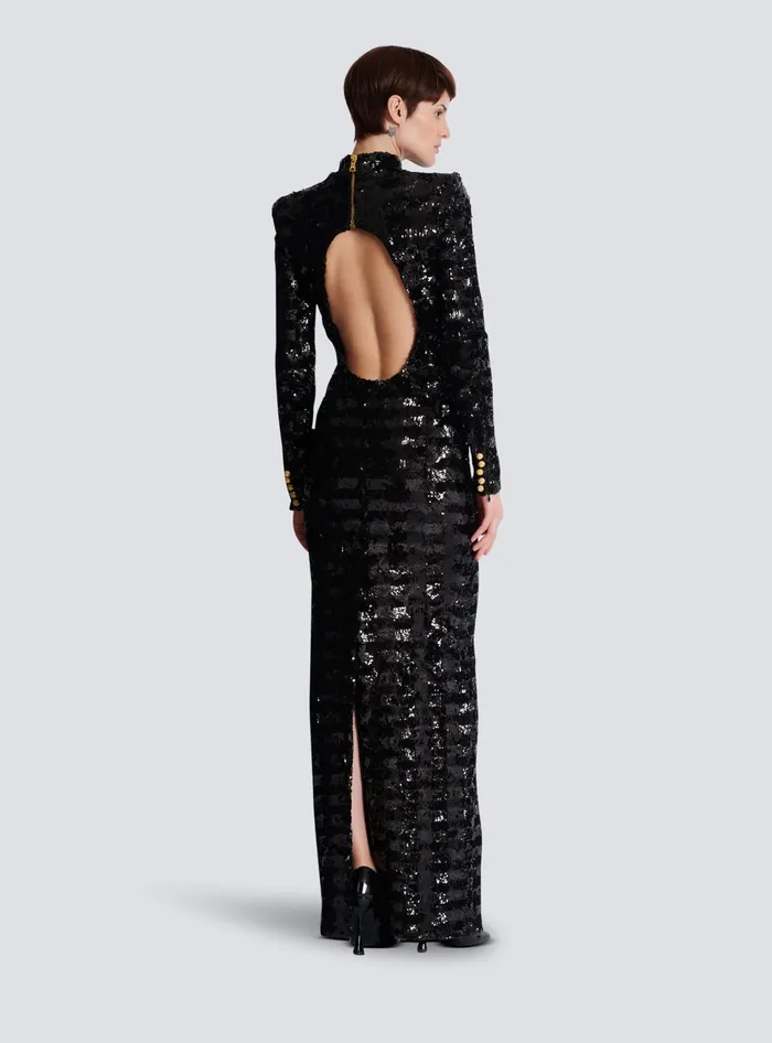 Balmain Long Sequin Dress Black Women Dresses