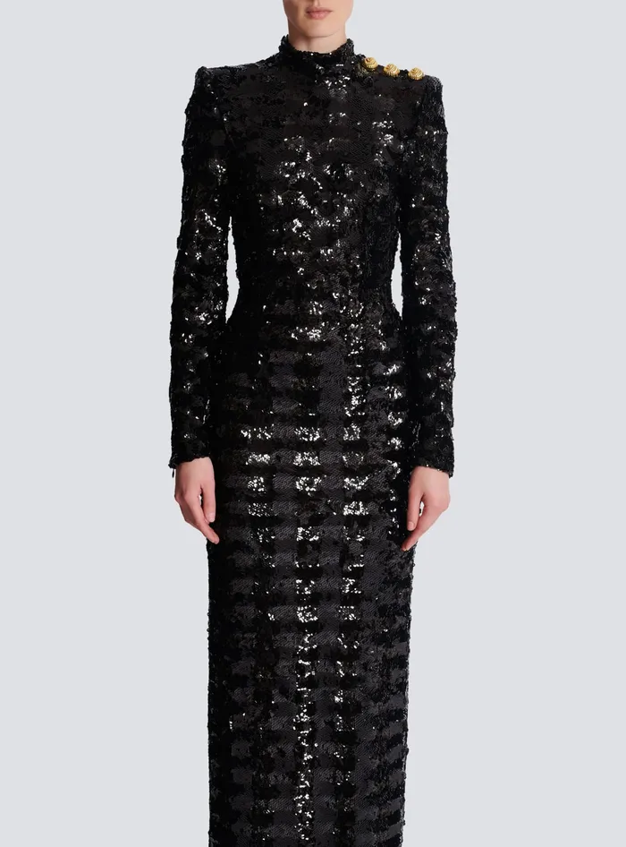 Balmain Long Sequin Dress Black Women Dresses