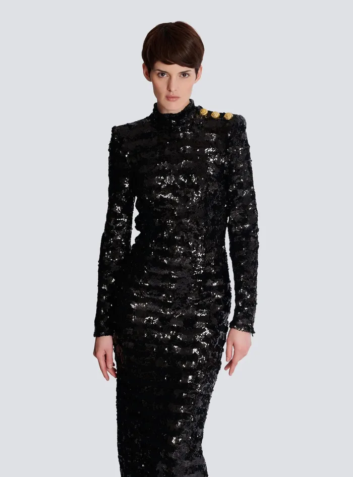 Balmain Long Sequin Dress Black Women Dresses