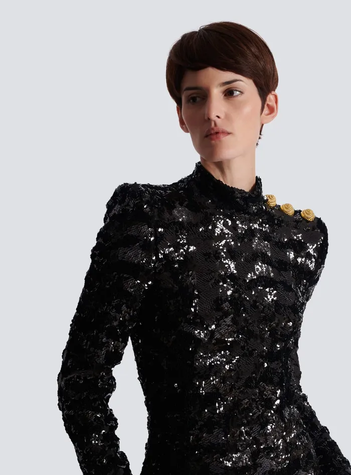 Balmain Long Sequin Dress Black Women Dresses