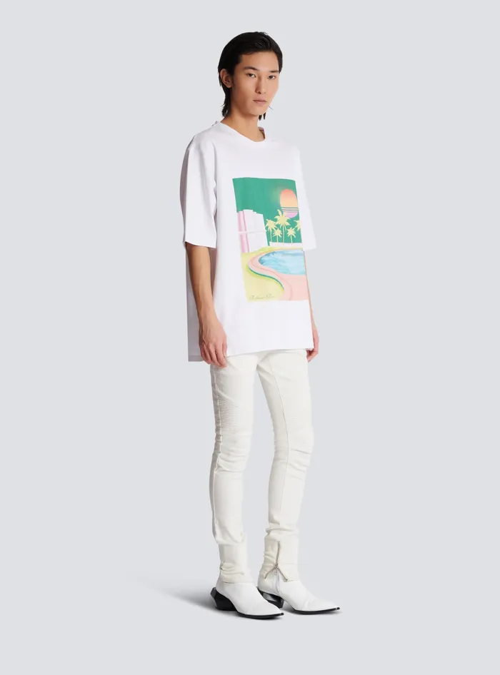 Balmain Loose Postcard Printed Tshirt White Men TShirts