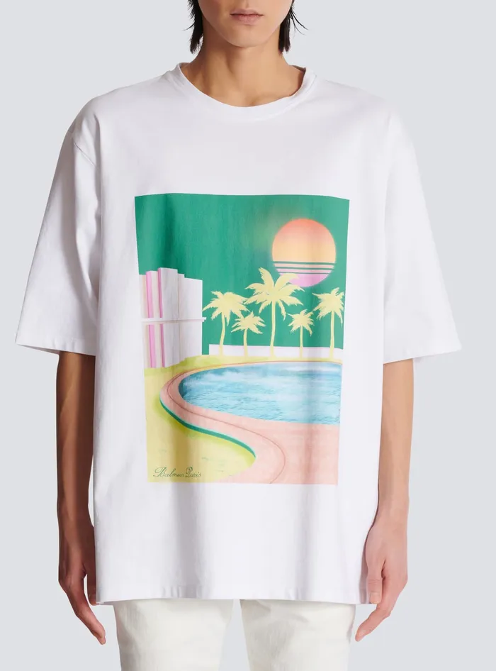 Balmain Loose Postcard Printed Tshirt White Men TShirts