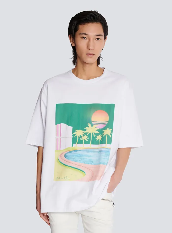 Balmain Loose Postcard Printed Tshirt White Men TShirts